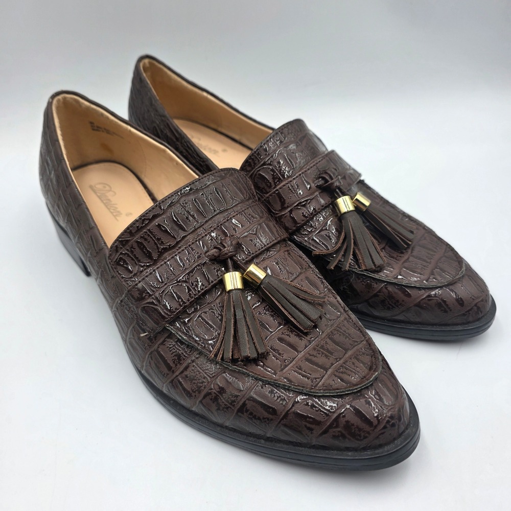 Dunion Womens Brown Croc Embossed Tassel Loafers Pointed Toe Shoes 9M
